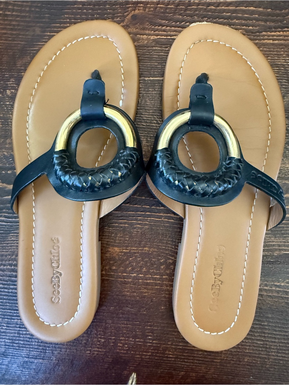 See By Chloé Black and Tan Leather Ring-Accent Sandals